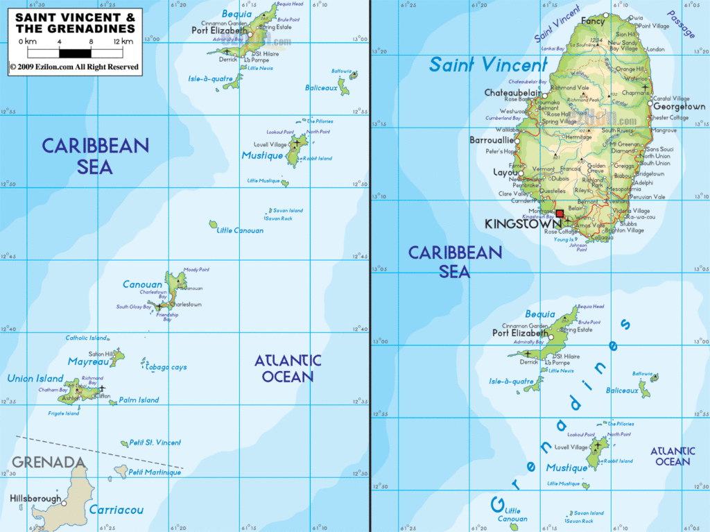 Saint Vincent & the Grenadines physical map.