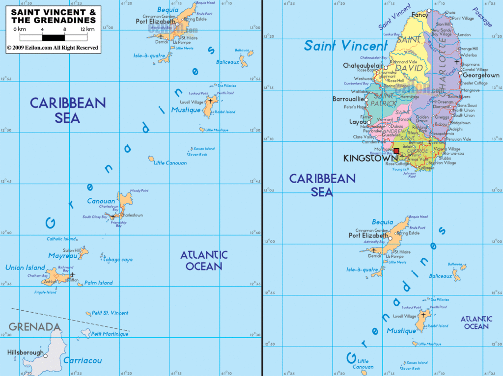 Saint Vincent & the Grenadines political map.