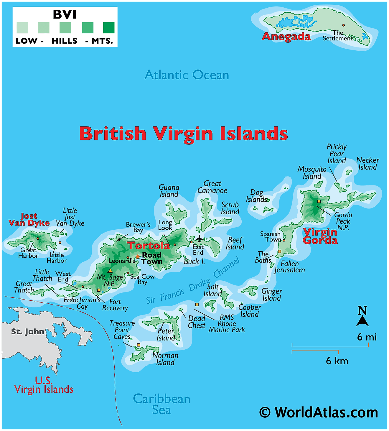 Bản đồ vật lý của Quần đảo Virgin thuộc Anh