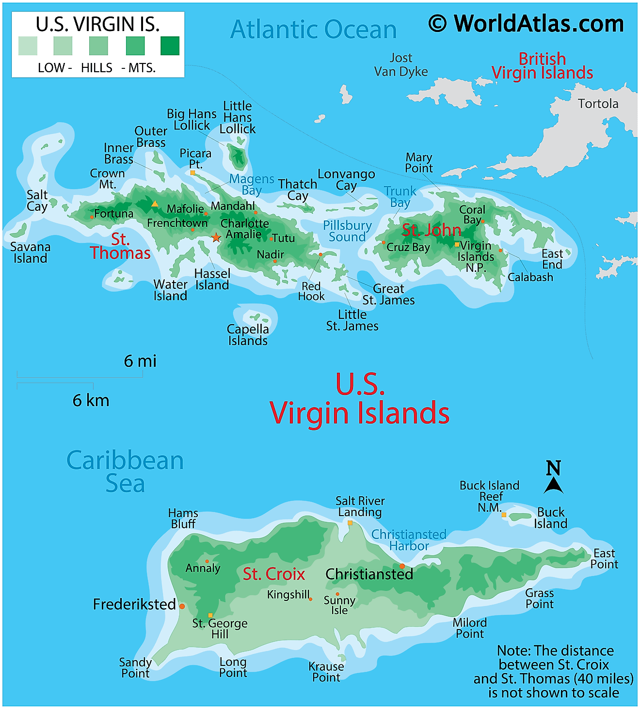 Bản đồ vật lý của Quần đảo Virgin thuộc Hoa Kỳ