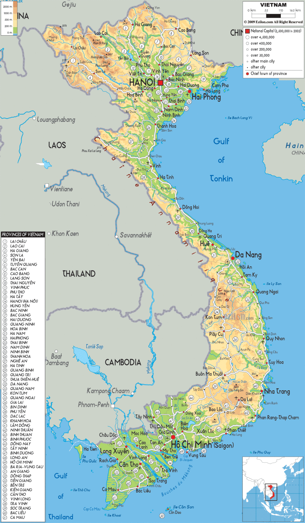 Vietnam physical map.