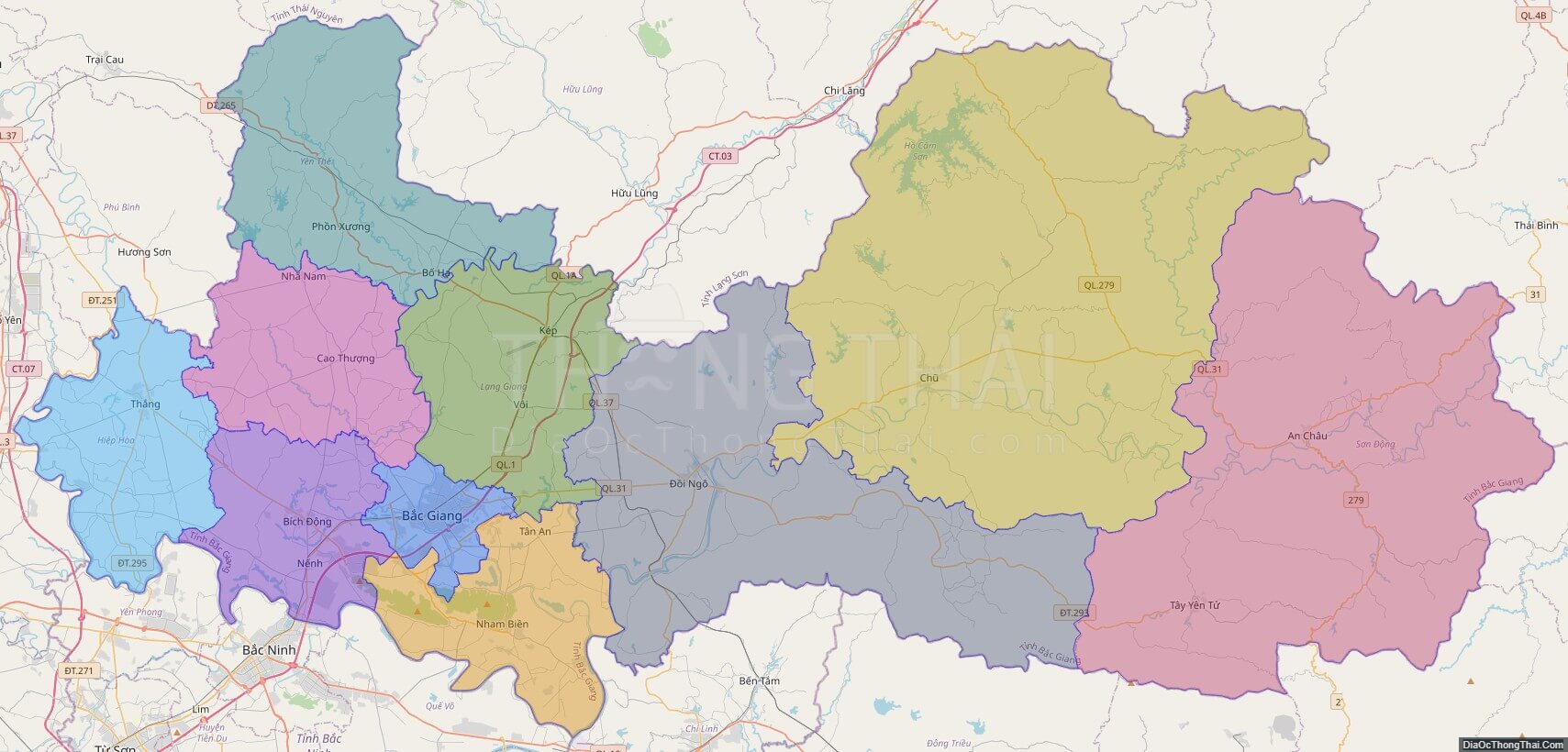 Bản đồ hành chính tỉnh Bắc Giang không kèm nhãn