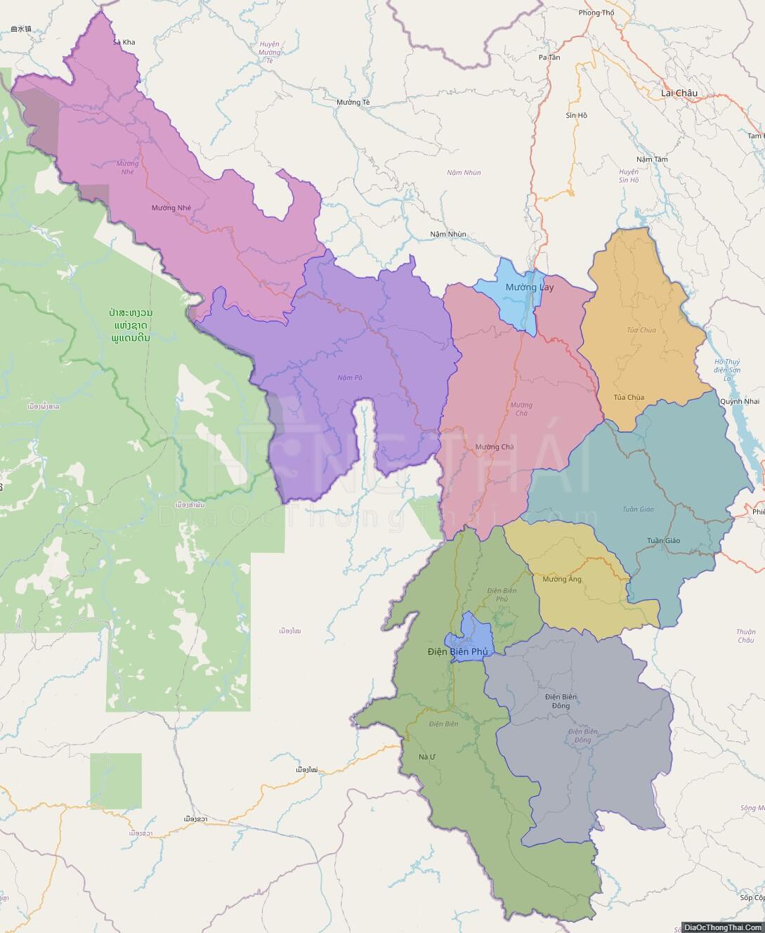 Bản đồ hành chính tỉnh Điện Biên không kèm nhãn