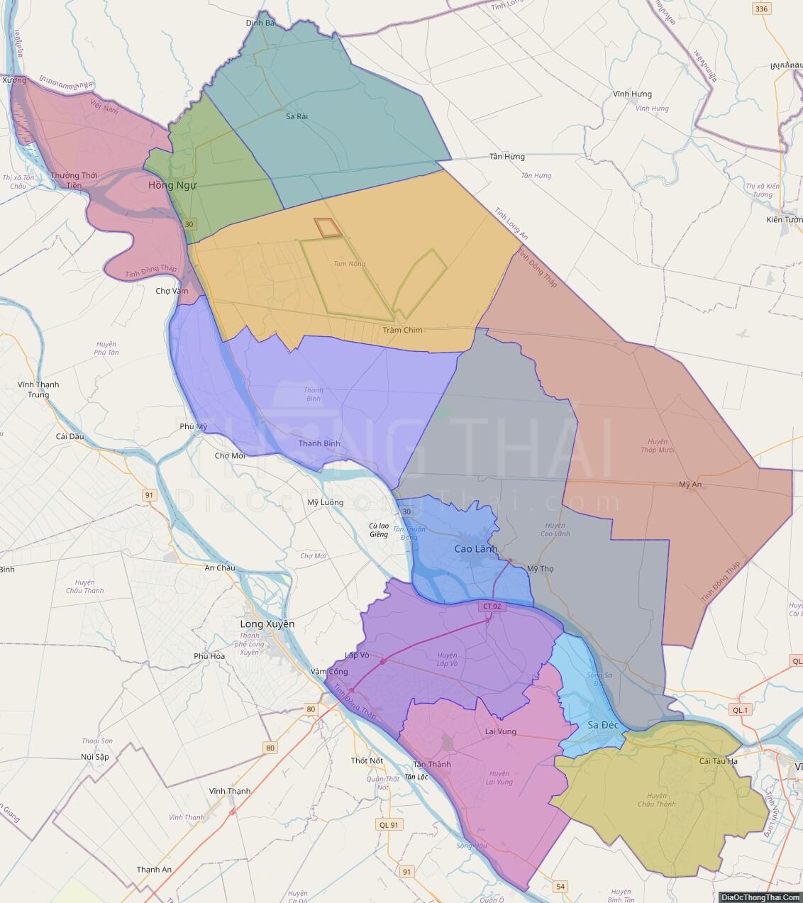 Bản đồ hành chính tỉnh Đồng Tháp không kèm nhãn