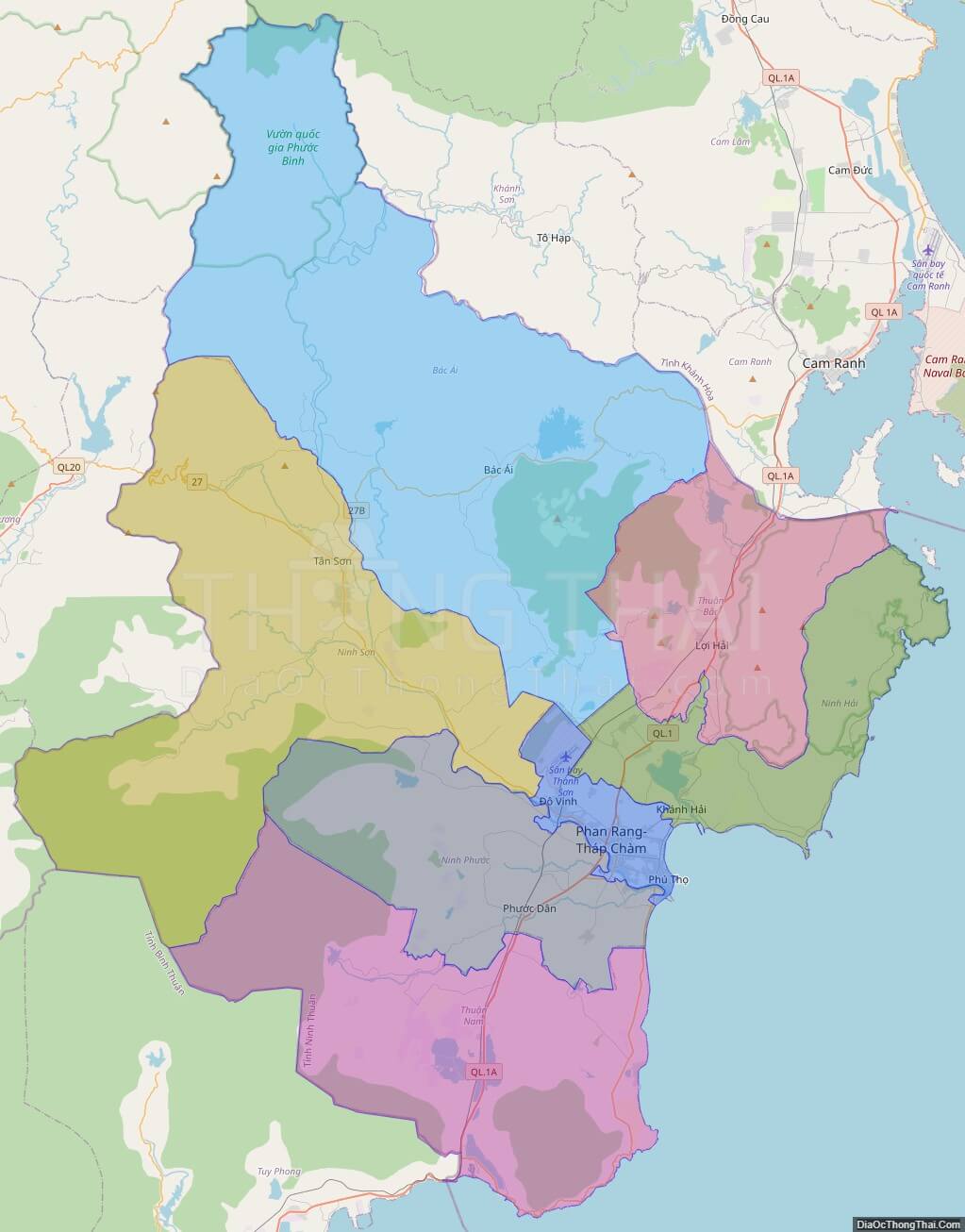 Bản đồ hành chính tỉnh Ninh Thuận không kèm nhãn