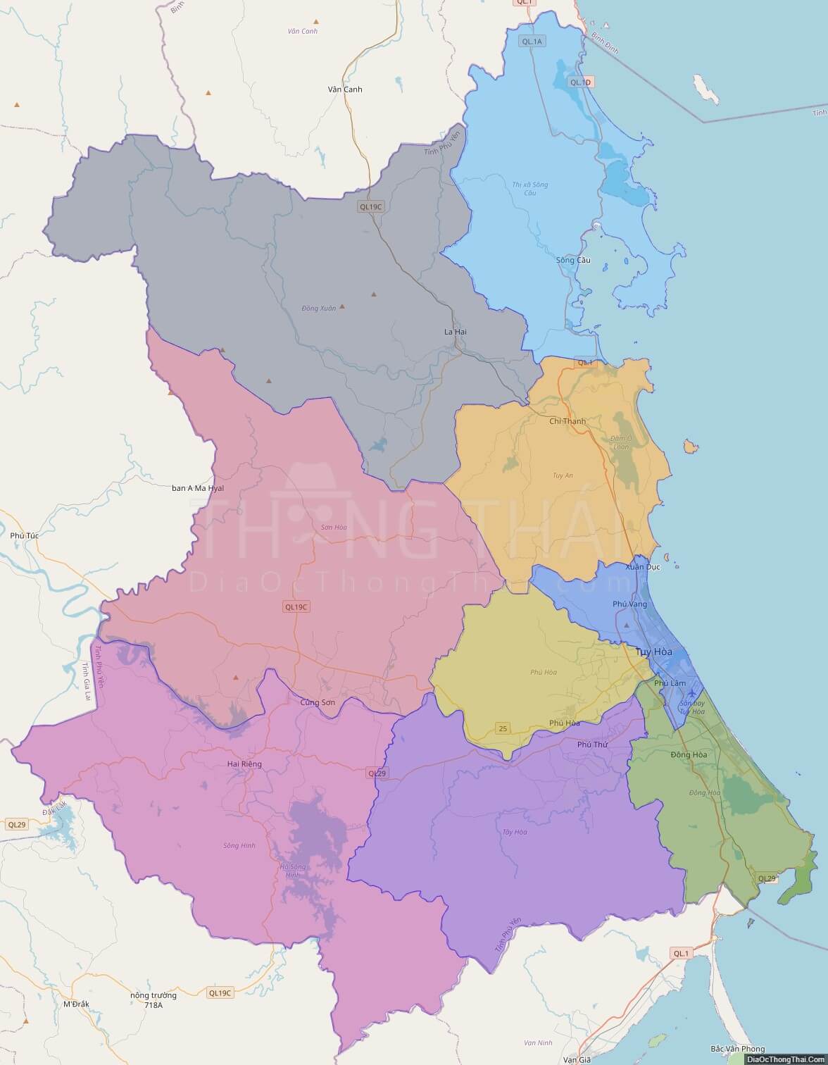Bản đồ hành chính tỉnh Phú Yên không kèm nhãn