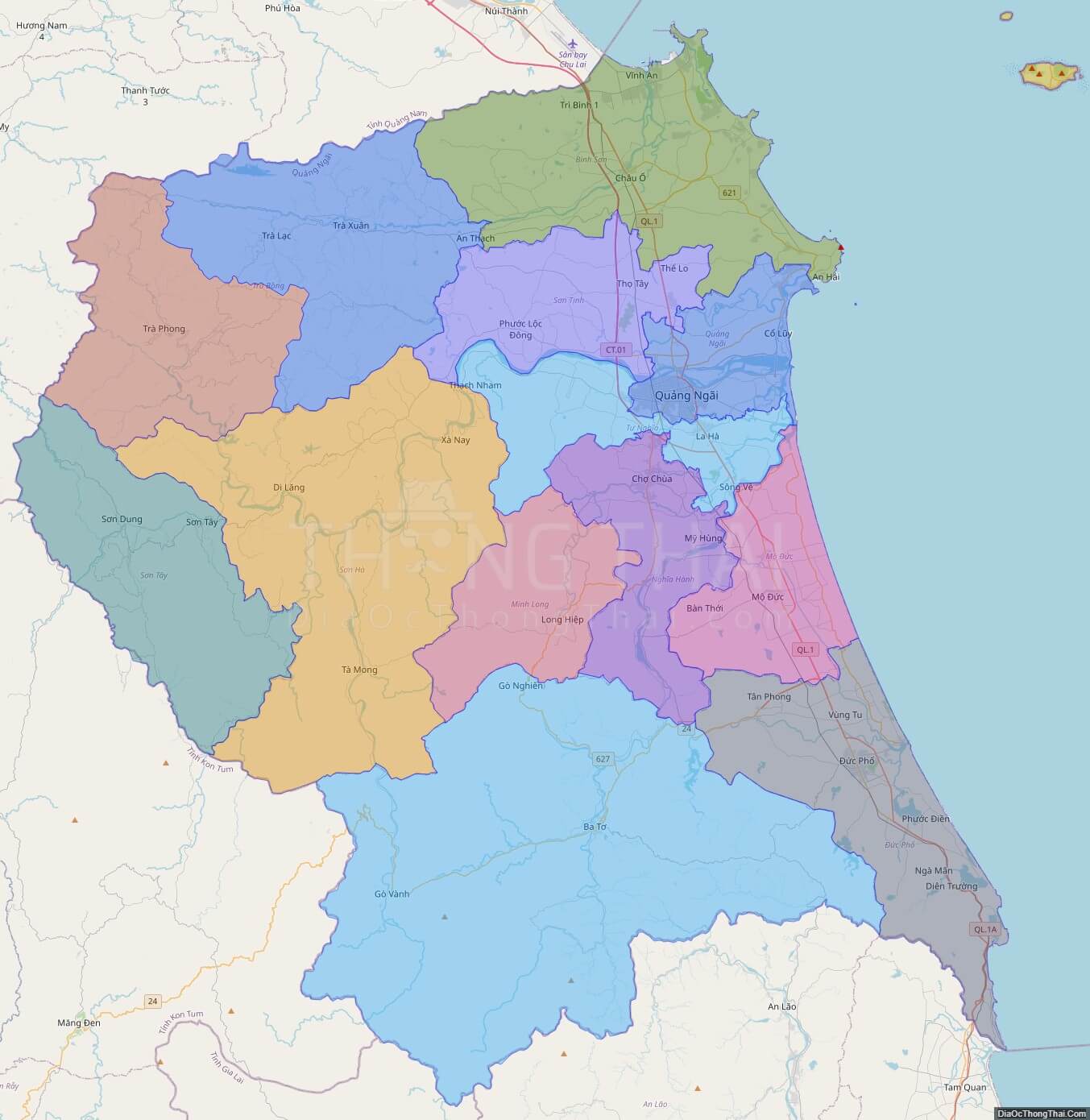 Bản đồ hành chính tỉnh Quảng Ngãi không kèm nhãn