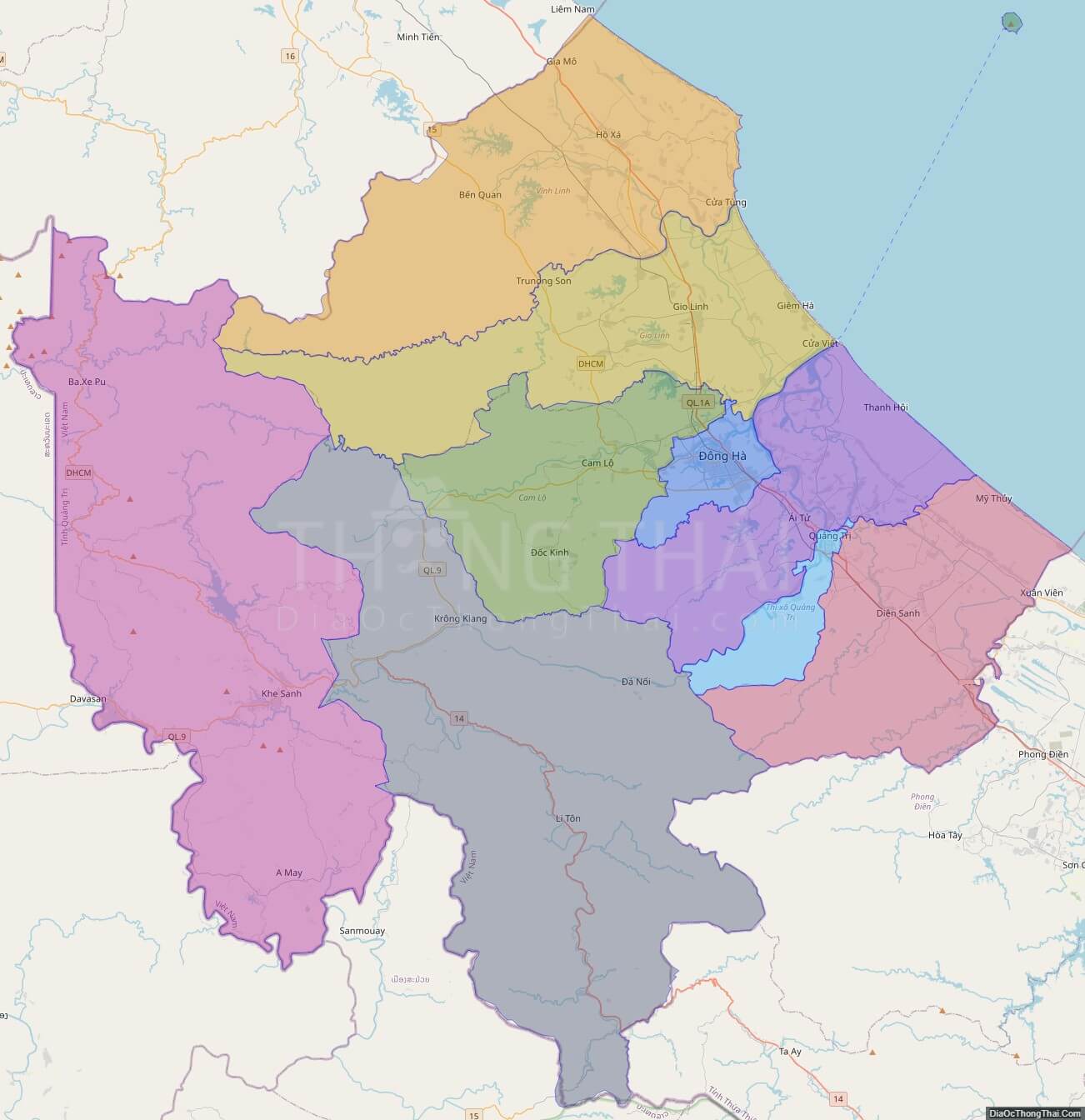 Bản đồ hành chính tỉnh Quảng Trị không kèm nhãn
