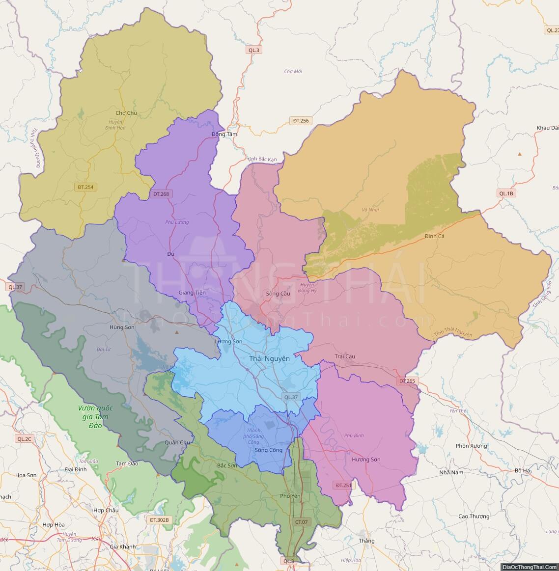 Bản đồ hành chính tỉnh Thái Nguyên không kèm nhãn