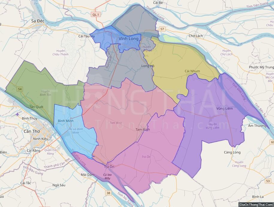Bản đồ hành chính tỉnh Vĩnh Long không kèm nhãn