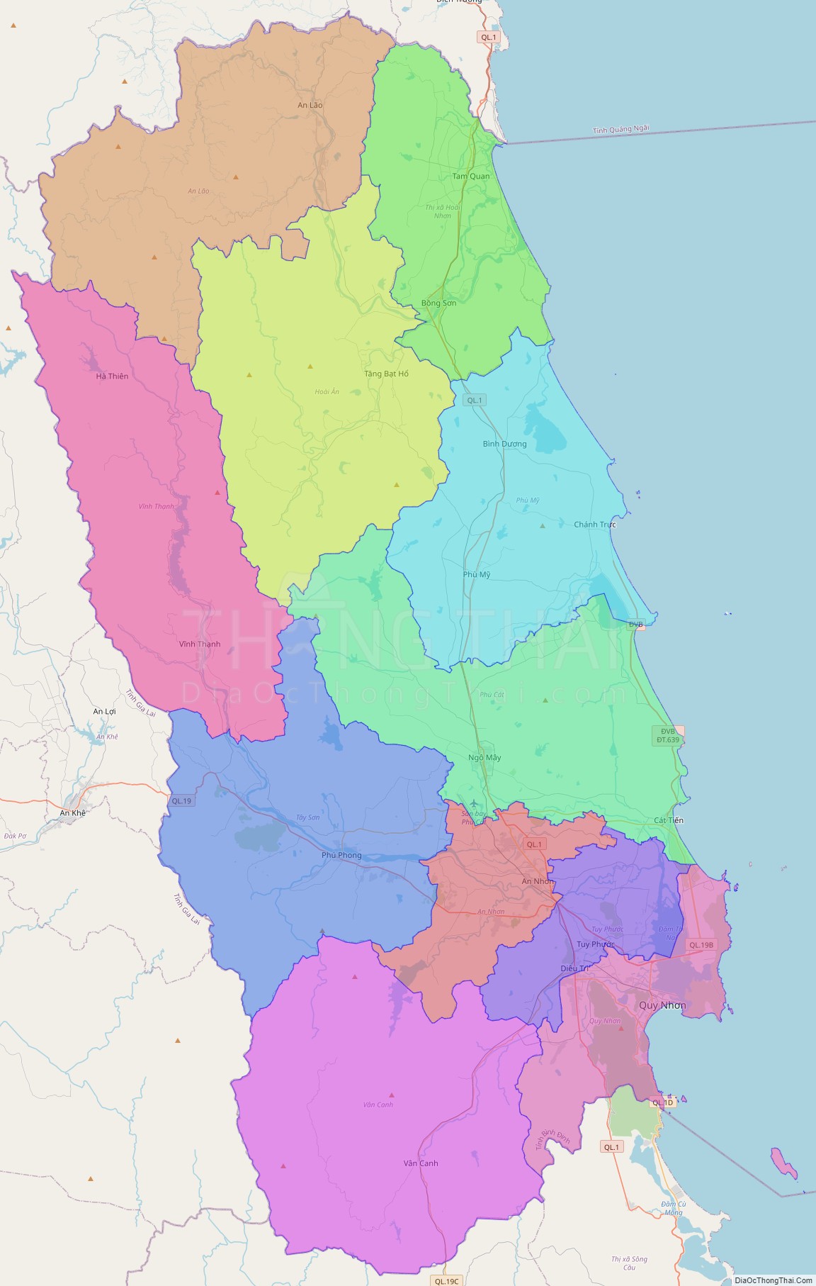 Bản đồ hành chính tỉnh Bình Định không kèm nhãn