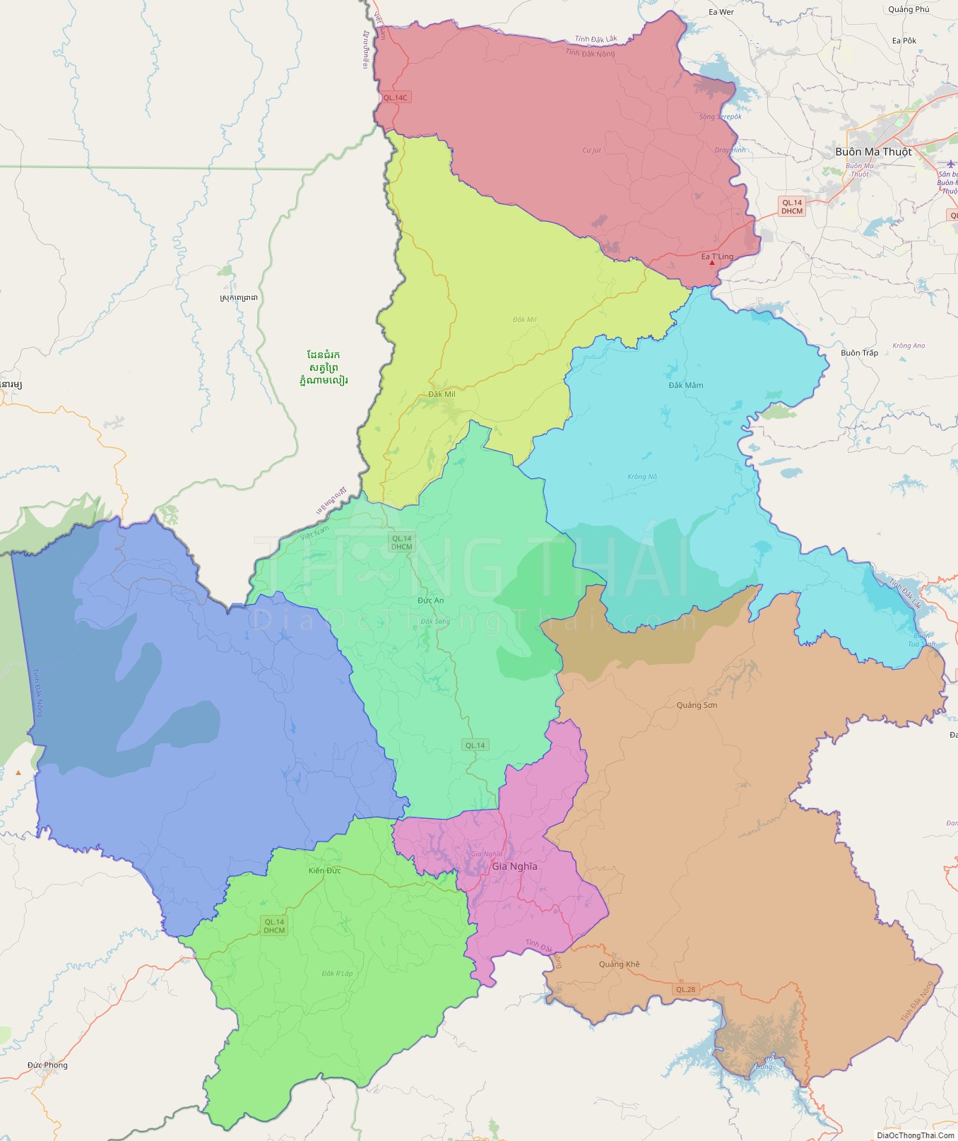 Bản đồ hành chính tỉnh Đắk Nông không kèm nhãn