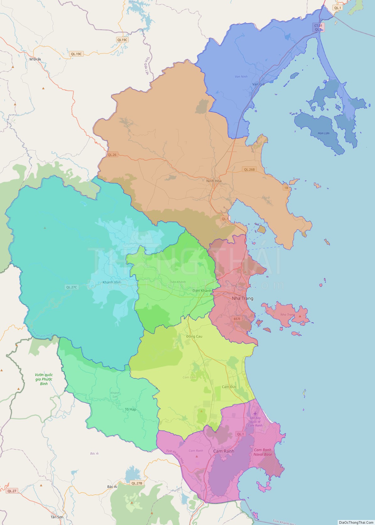 Bản đồ hành chính tỉnh Khánh Hòa không kèm nhãn