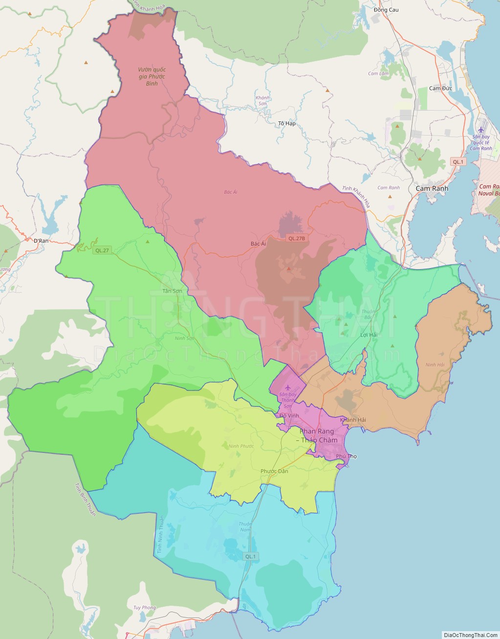 Bản đồ hành chính tỉnh Ninh Thuận không kèm nhãn