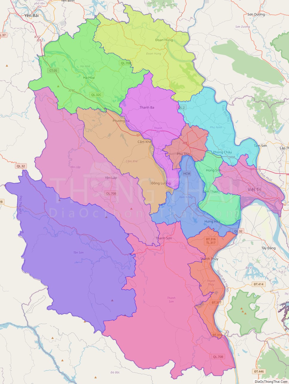 Bản đồ hành chính tỉnh Phú Thọ không kèm nhãn