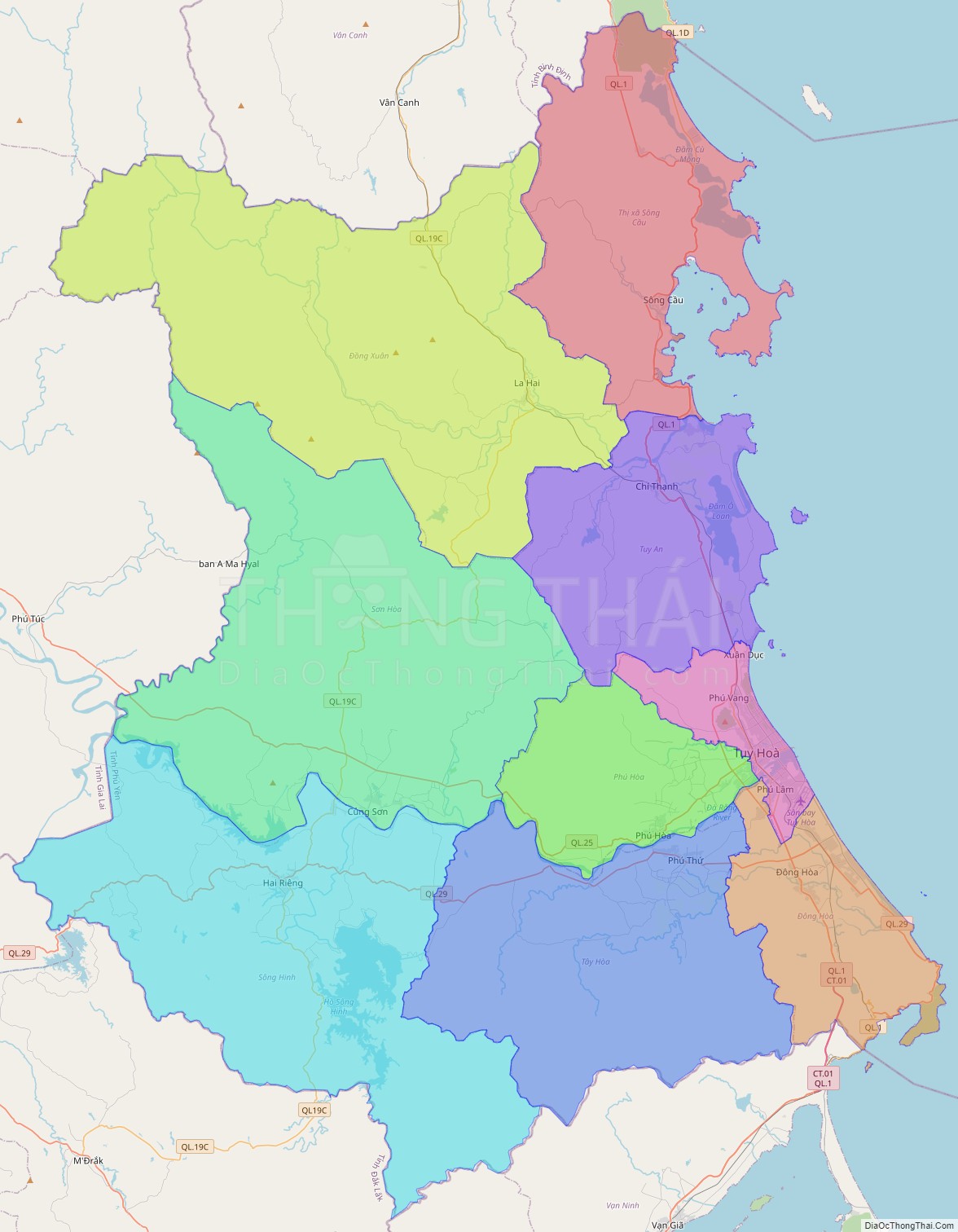 Bản đồ hành chính tỉnh Phú Yên không kèm nhãn