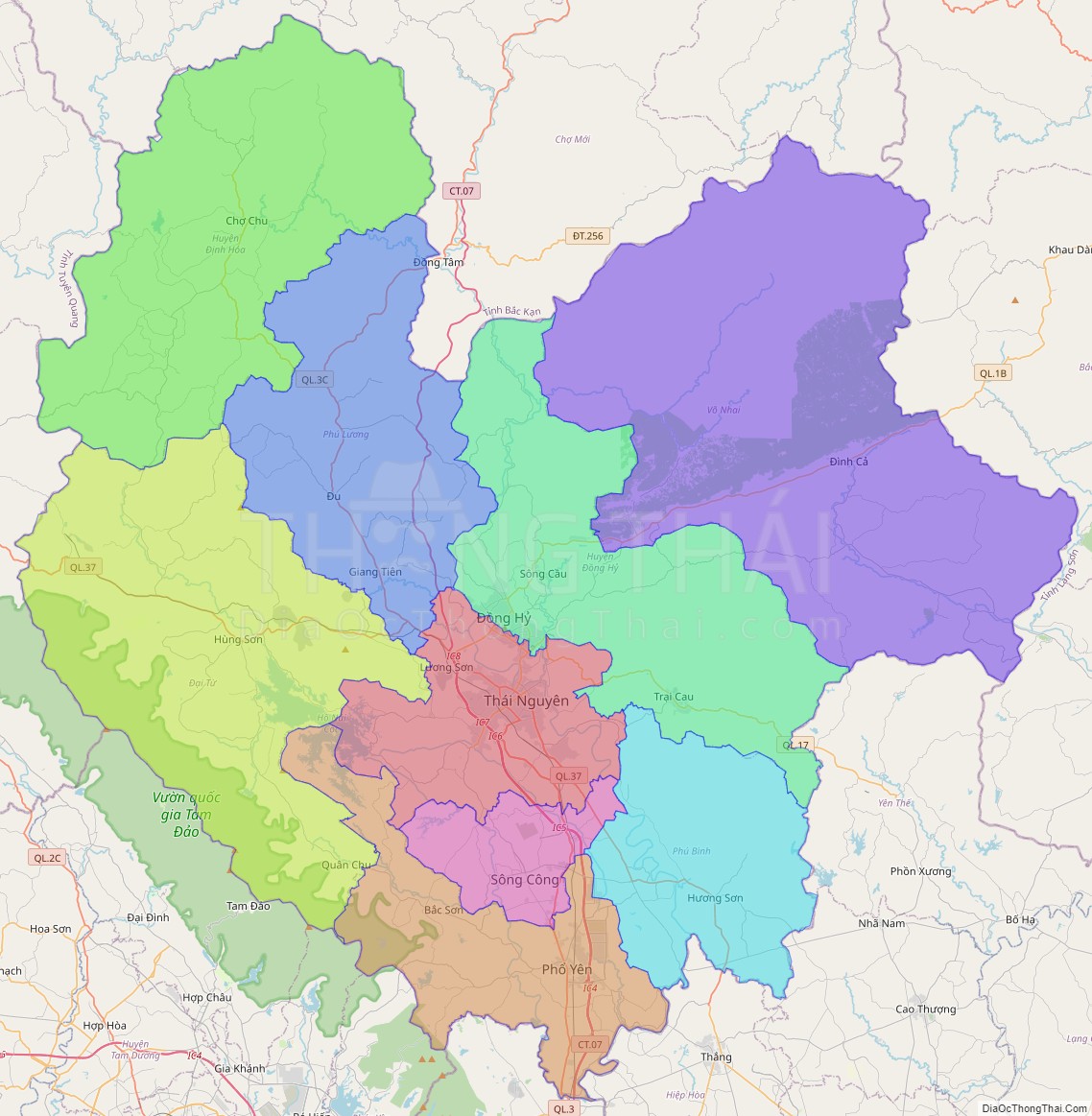 Bản đồ hành chính tỉnh Thái Nguyên không kèm nhãn
