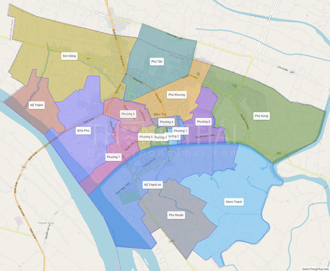 Bản đồ hành chính tp Bến Tre bao gồm những phường và đường nào? (What are the streets and wards included in the administrative map of Ben Tre city?)