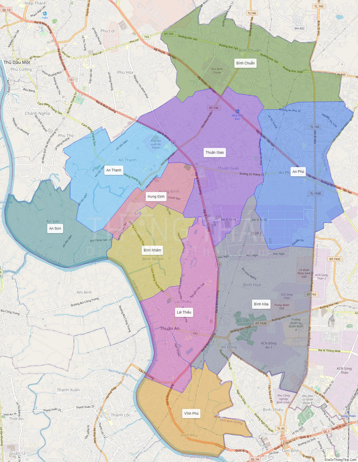 Bản đồ Thị xã Thuận An Bình Dương 2024 sẽ giúp du khách và người dân tìm hiểu chính xác về vị trí các địa điểm như bệnh viện, trung tâm thương mại, khu công nghiệp,... đồng thời cũng cung cấp thông tin chi tiết về quy hoạch và kế hoạch phát triển của địa phương.
