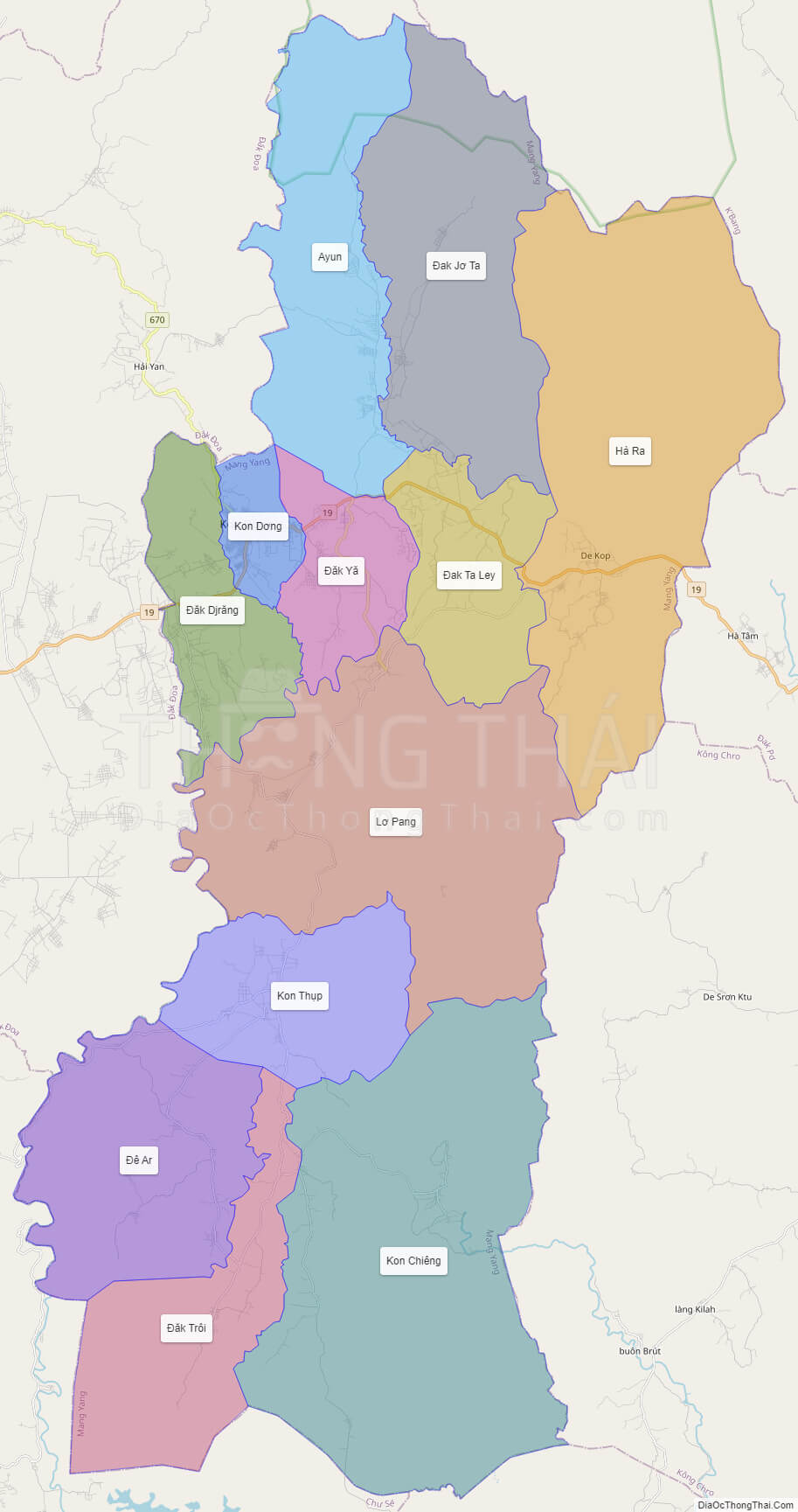 Bản đồ chi tiết bản đồ huyện Mang Yang - Gia Lai để điều tra và phát triển kinh tế