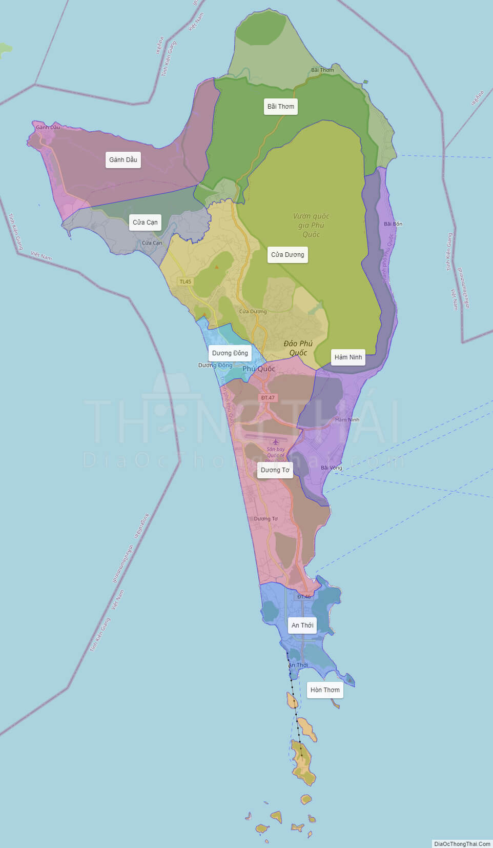 Phú Quốc district map: Bản đồ Phú Quốc sẽ giúp du khách dễ dàng di chuyển và khám phá đảo Ngọc một cách chính xác và thuận tiện hơn. Ngoài ra, bản đồ còn cập nhật chi tiết các địa điểm vui chơi, giải trí và ẩm thực để du khách có thể lựa chọn.