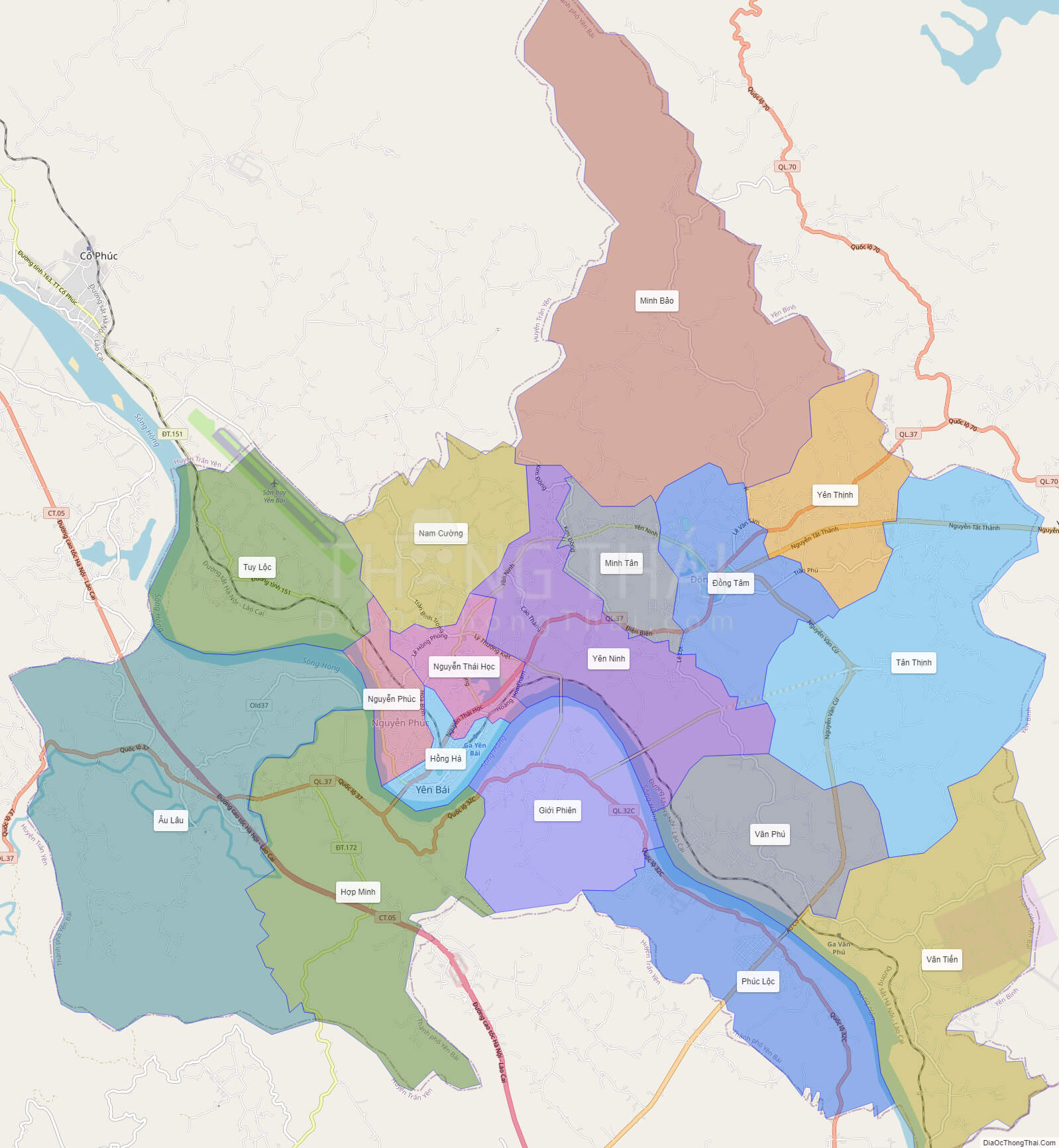 Bảng chi tiết bản đồ hành chính thành phố yên bái theo từng quận huyện