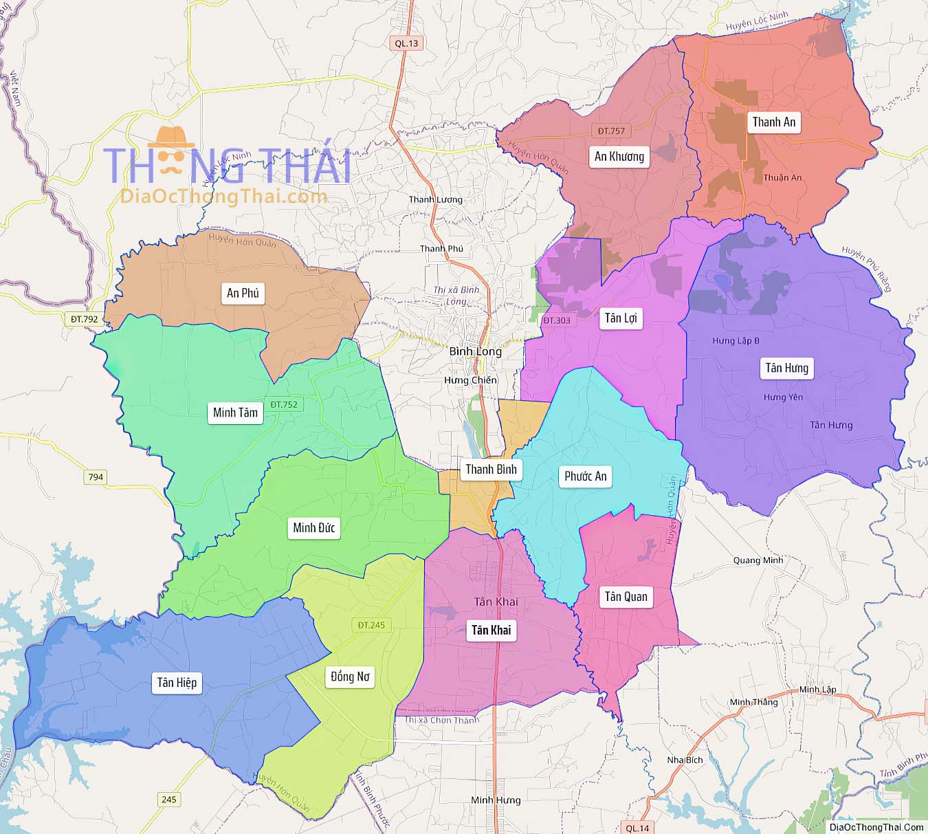 Bản đồ huyện Hớn Quản.