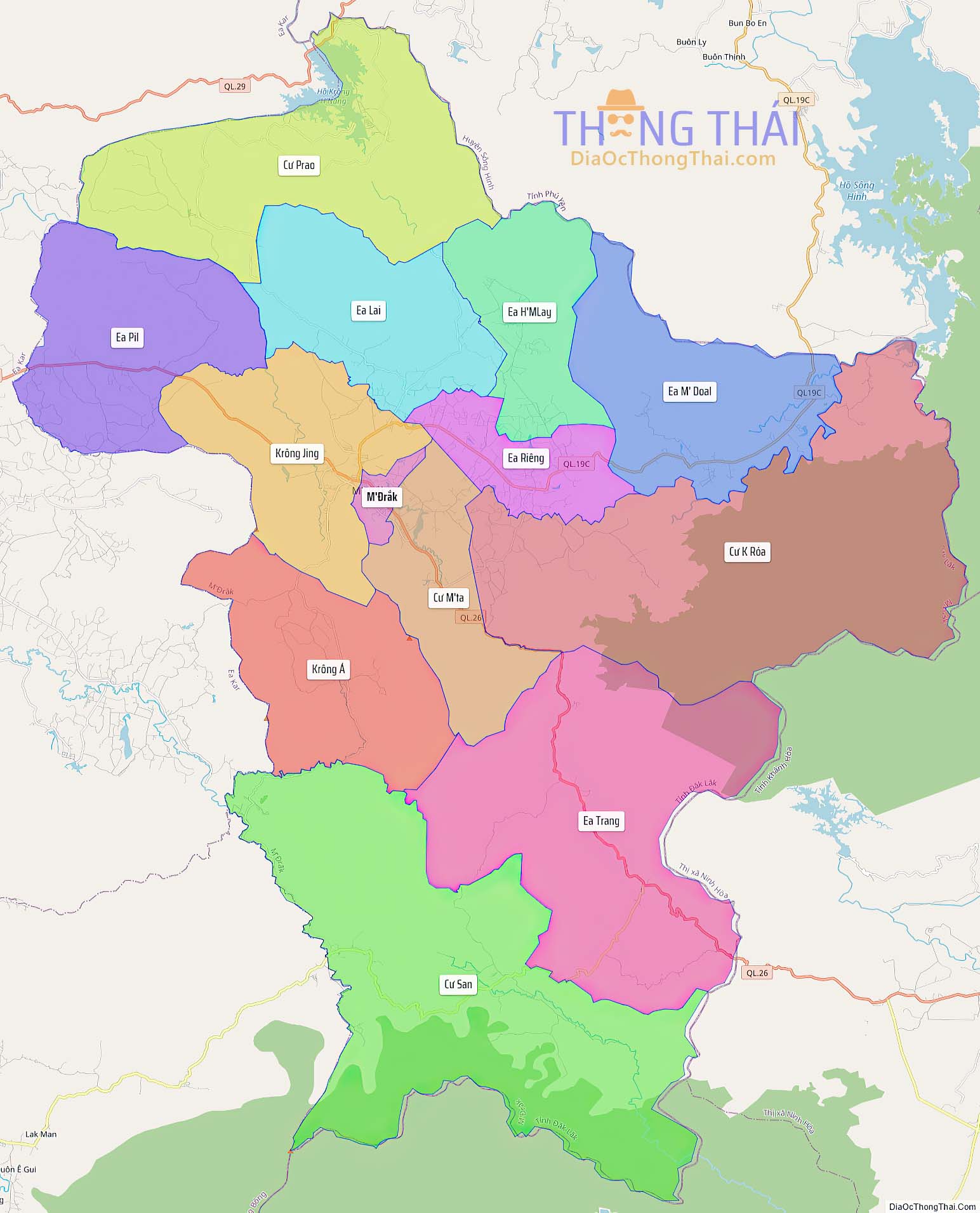 Bản đồ huyện M’Đrắk (Kích thước lớn).