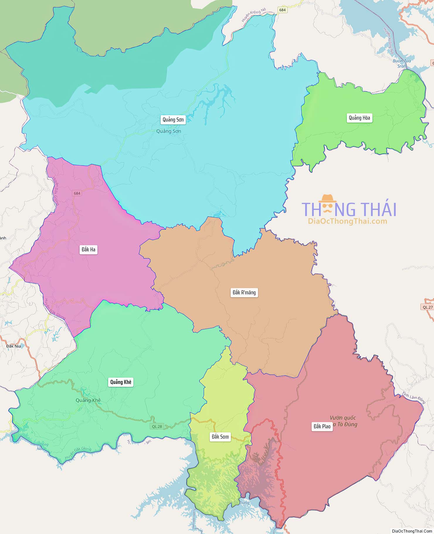 Bản đồ huyện Đăk Glong (Kích thước lớn).