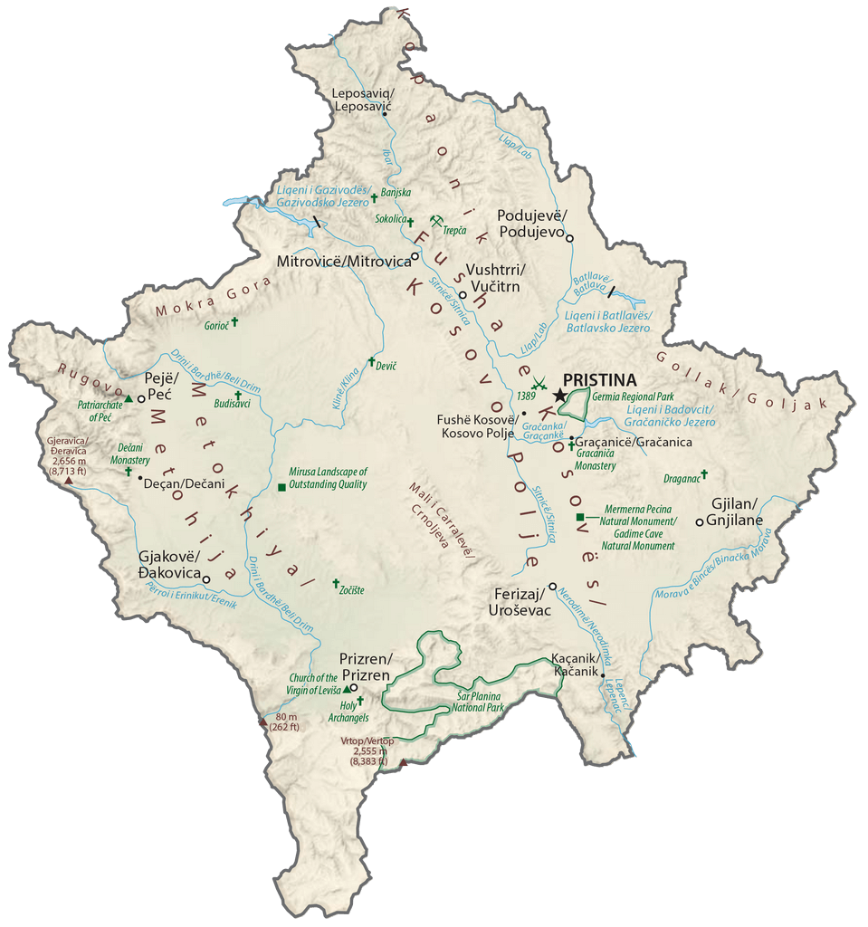 Bản đồ vật lý Kosovo
