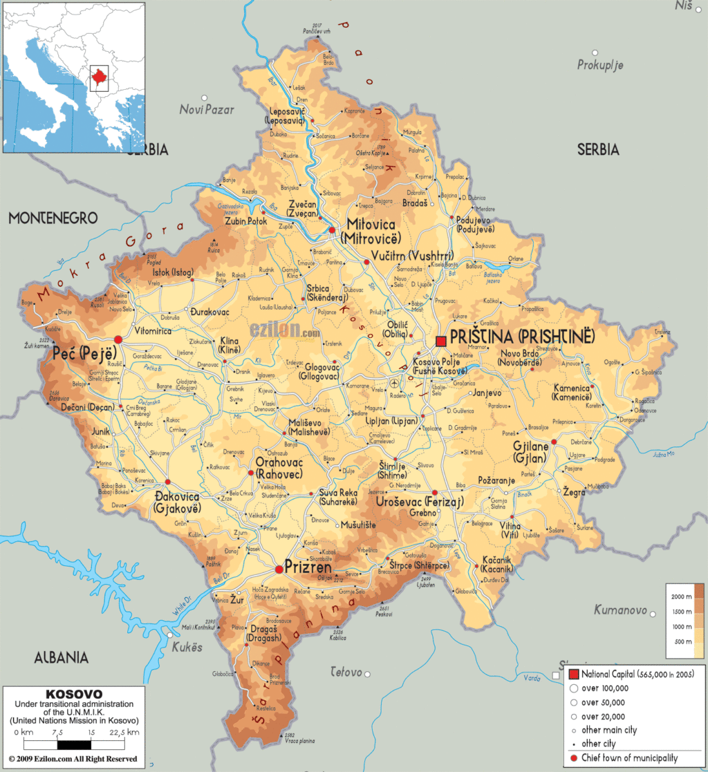 Kosovo physical map.