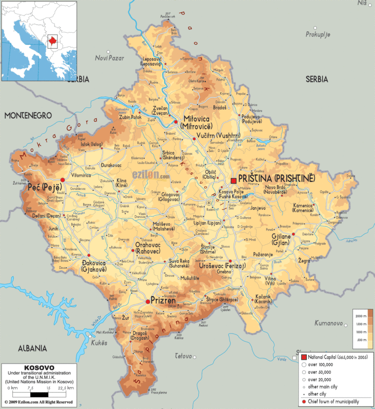 Bản đồ tự nhiên Kosovo khổ lớn