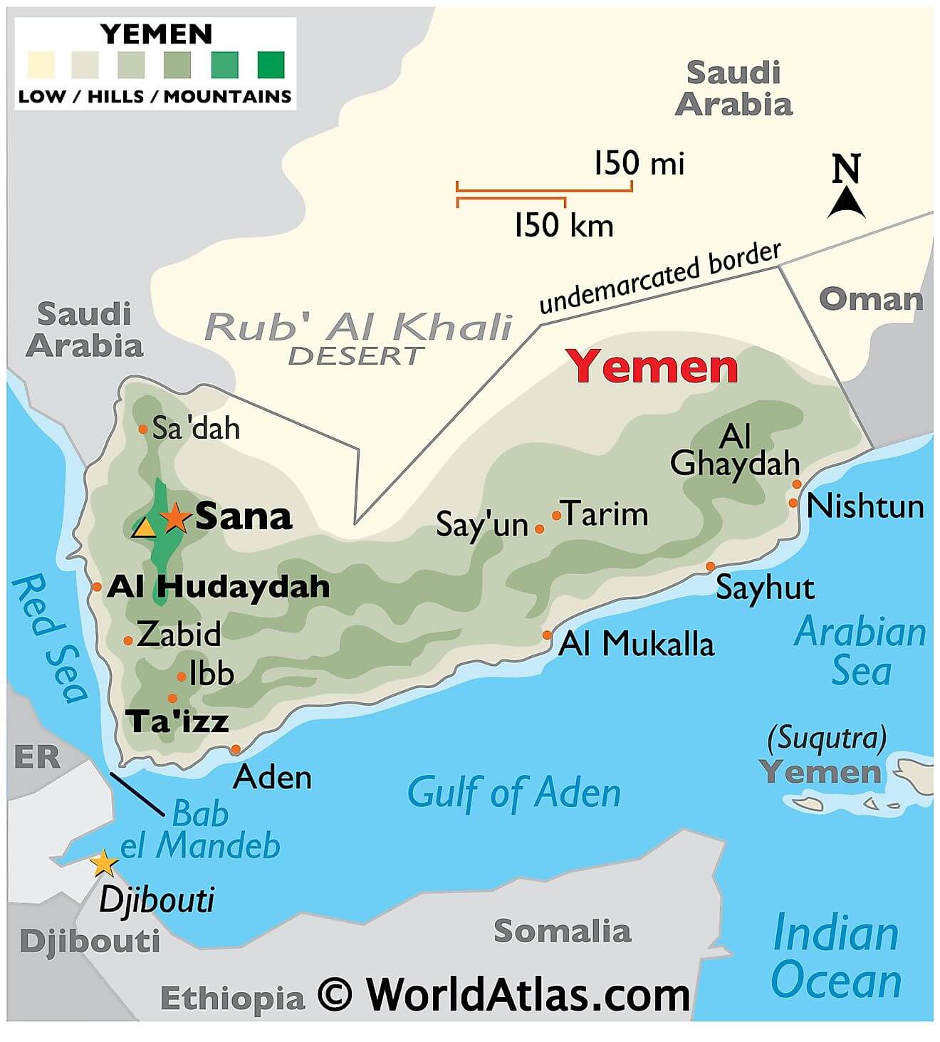 Bản đồ vật lý của Yemen
