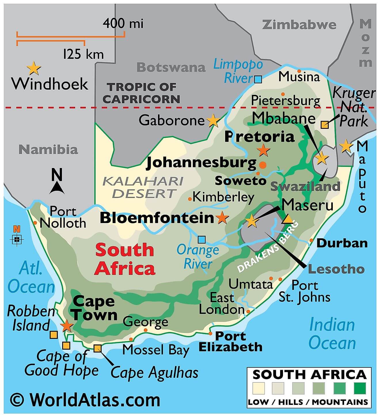 Bản đồ vật lý của Nam Phi