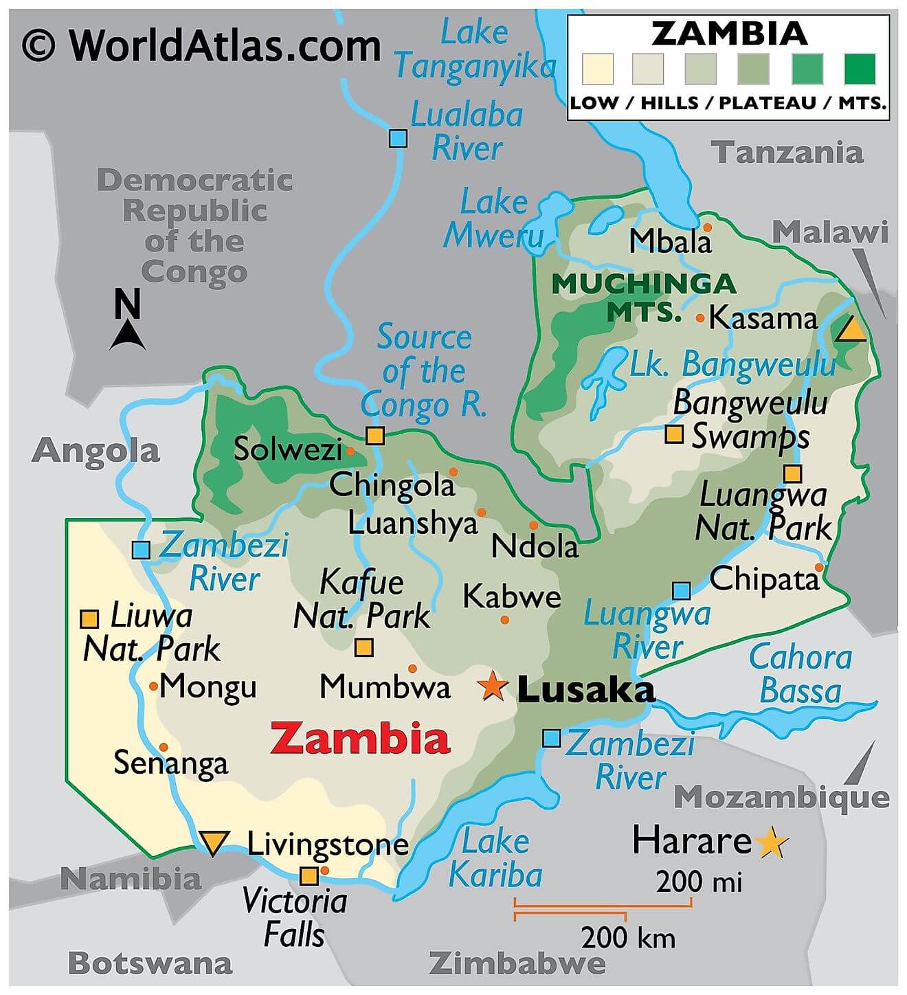 Bản đồ vật lý của Zambia