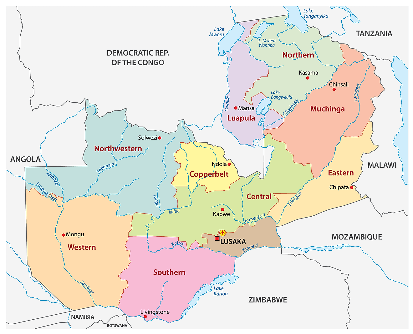 Các tỉnh của Zambia Bản đồ