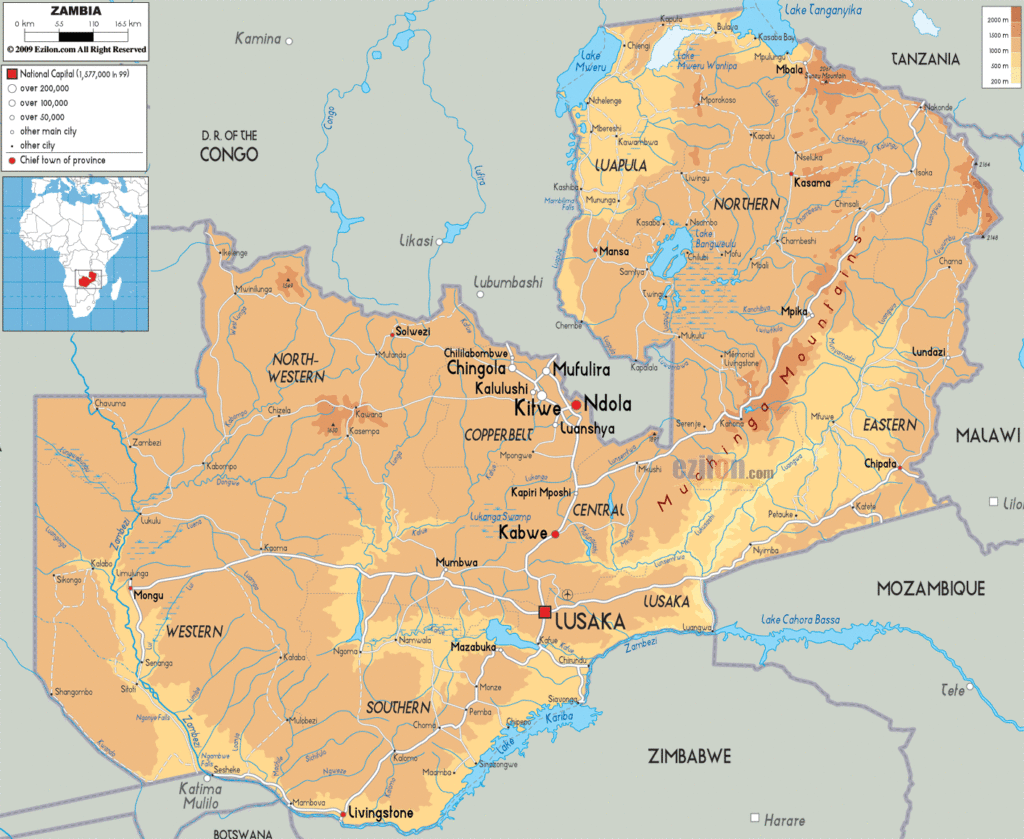 Zambia physical map.