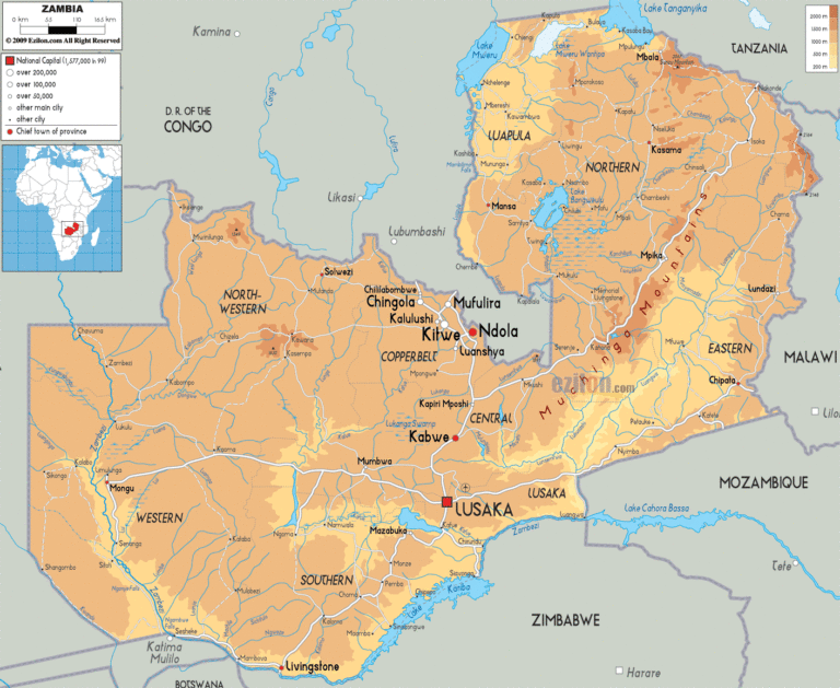 Bản đồ tự nhiên Zambia khổ lớn