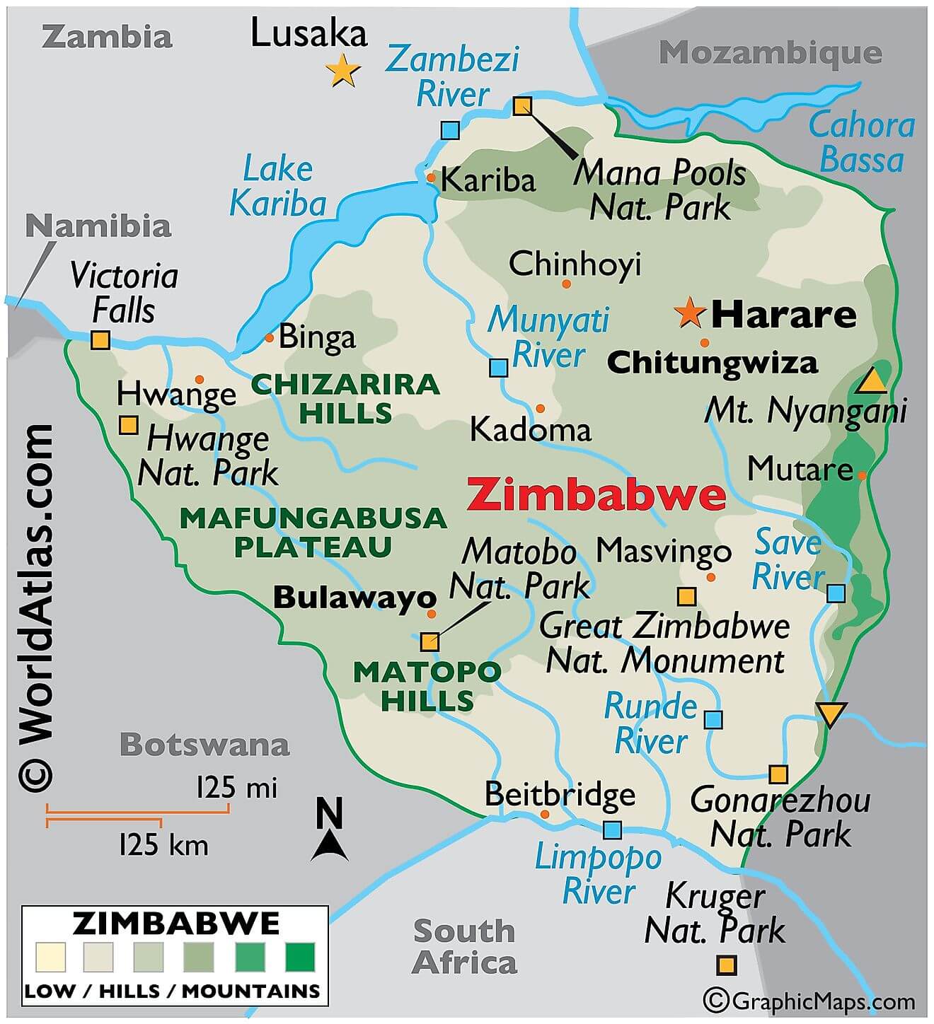 Physical Map of Zimbabwe