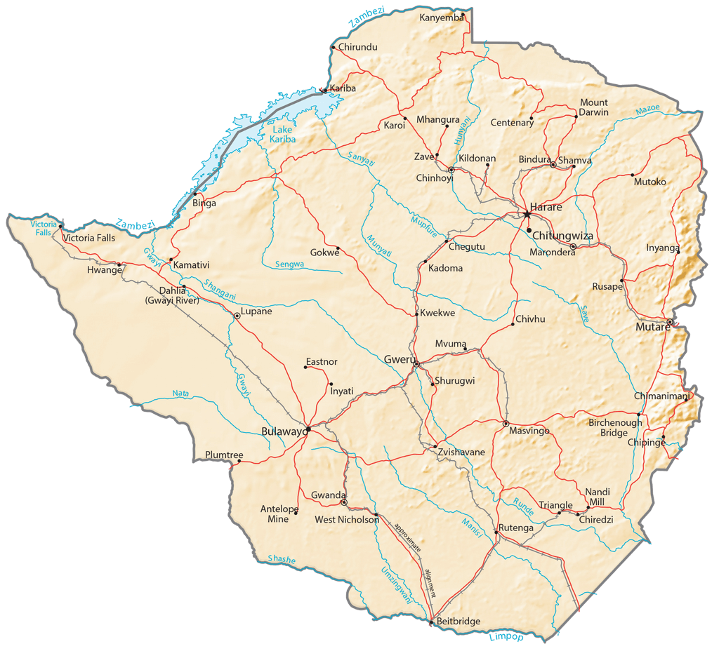 Bản đồ Vật lý Zimbabwe