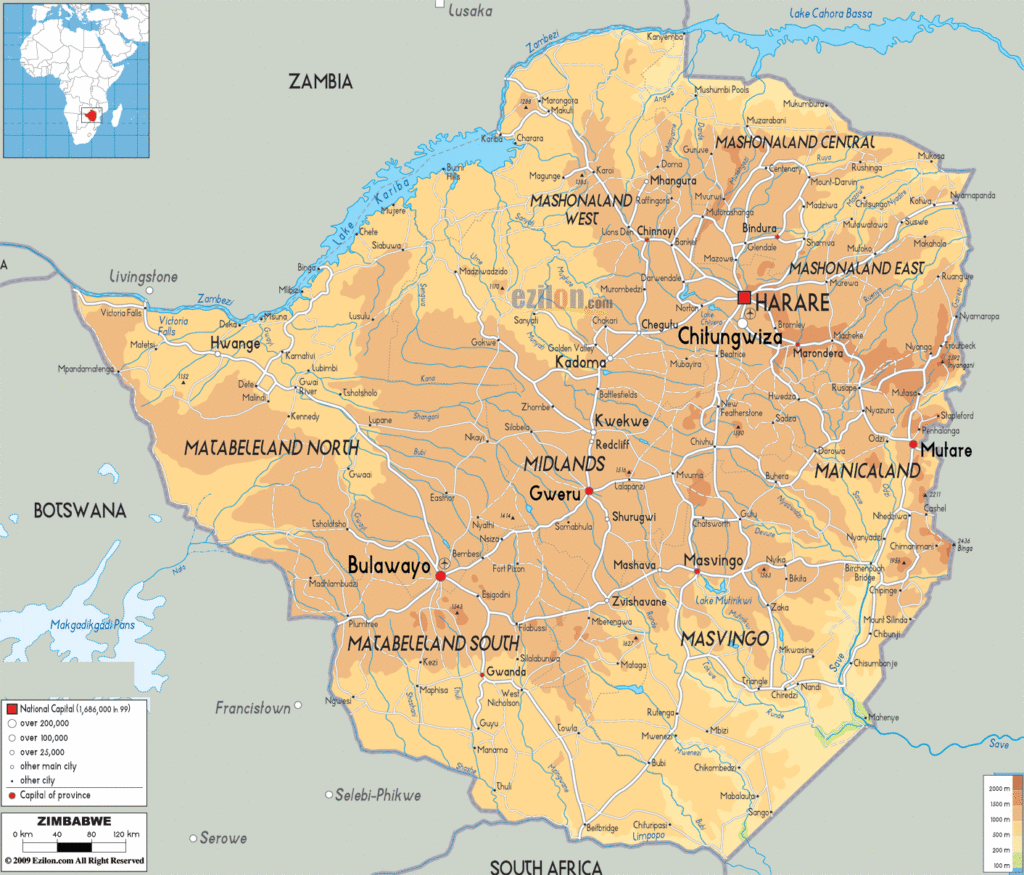 Zimbabwe physical map.