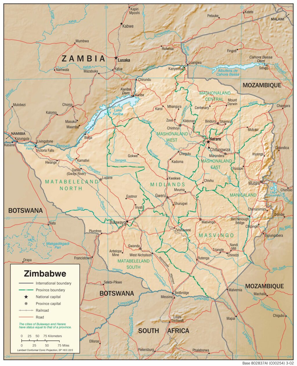 Bản đồ vật lý Zimbabwe