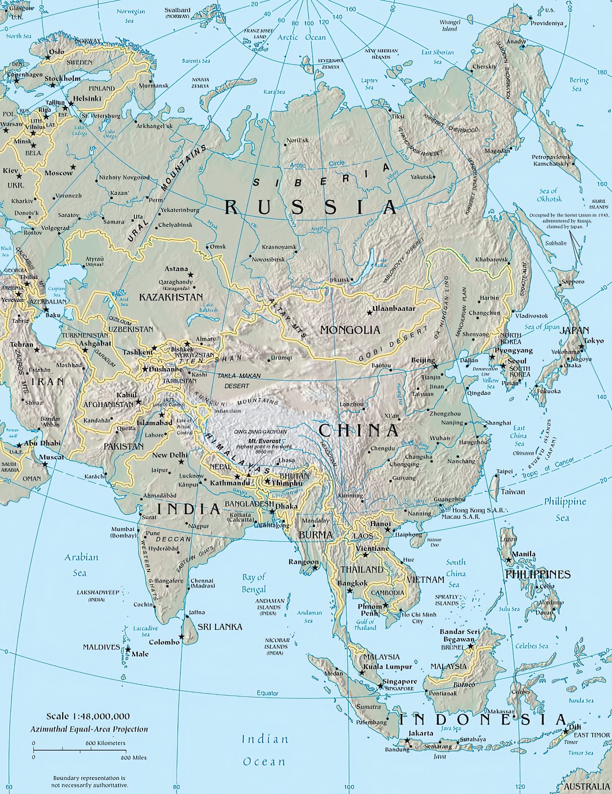 Bản đồ vật lý châu Á kích thước lớn