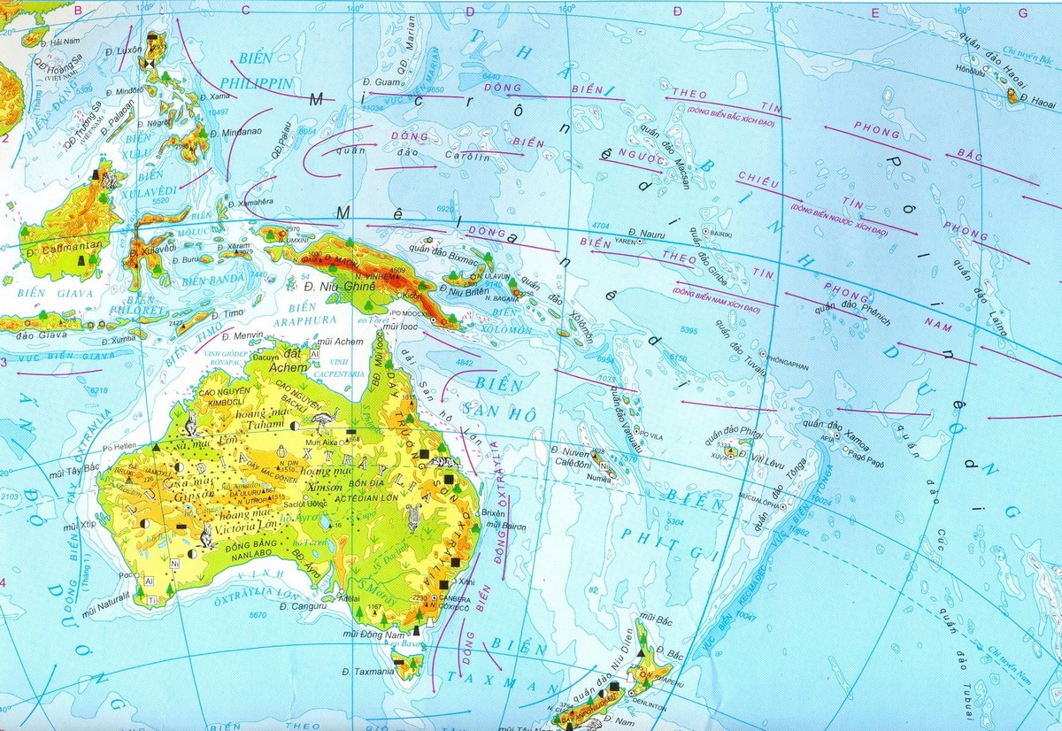 Bản đồ tự nhiên châu Đại Dương bằng tiếng Việt - sách giáo khoa địa lý lớp 7