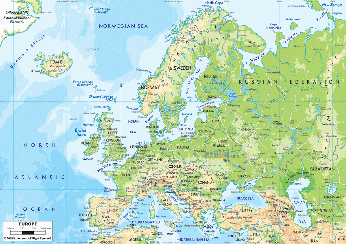 Bản đồ vật lý châu Âu