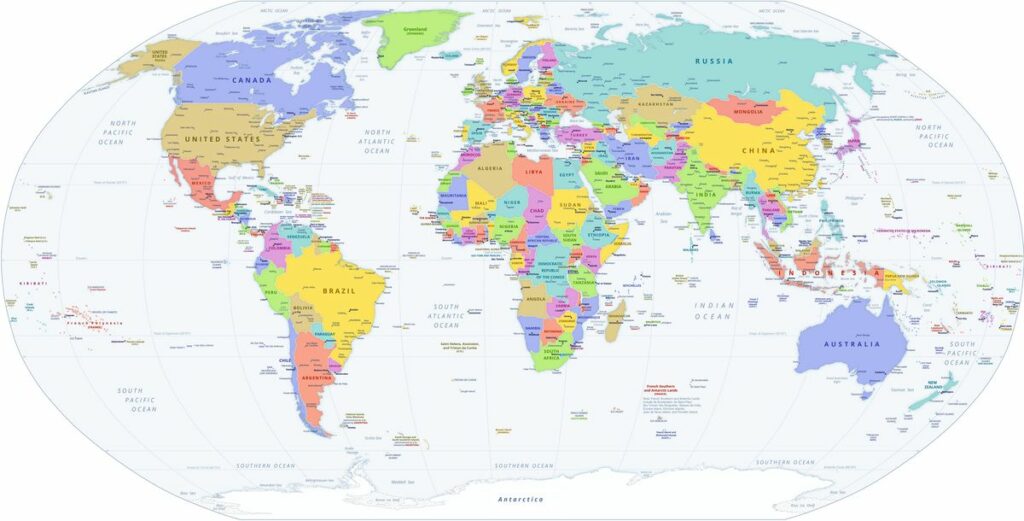 Map of the World with Country Names Labeled.